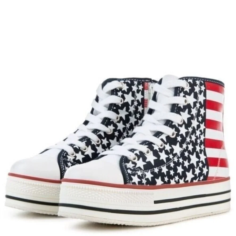 NEW Platform Red White Blue Stars Flag Hi Top Sneakers Women's SIZE 6.5 - Picture 2 of 7